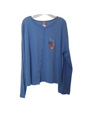 Disney Womens XXL Blue Tigger Embroidered Button Shirt Pajama Top Tigger #D28